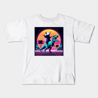 Weird Funny Opossum, Retro Synthwave, Riding T-Rex Dinosaur, Dark Humor Possumcore Kids T-Shirt